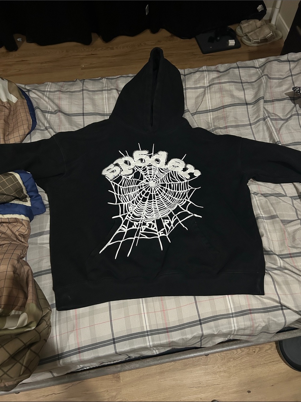 Black Crewneck Sweatshirt with White Spiderweb Graphic